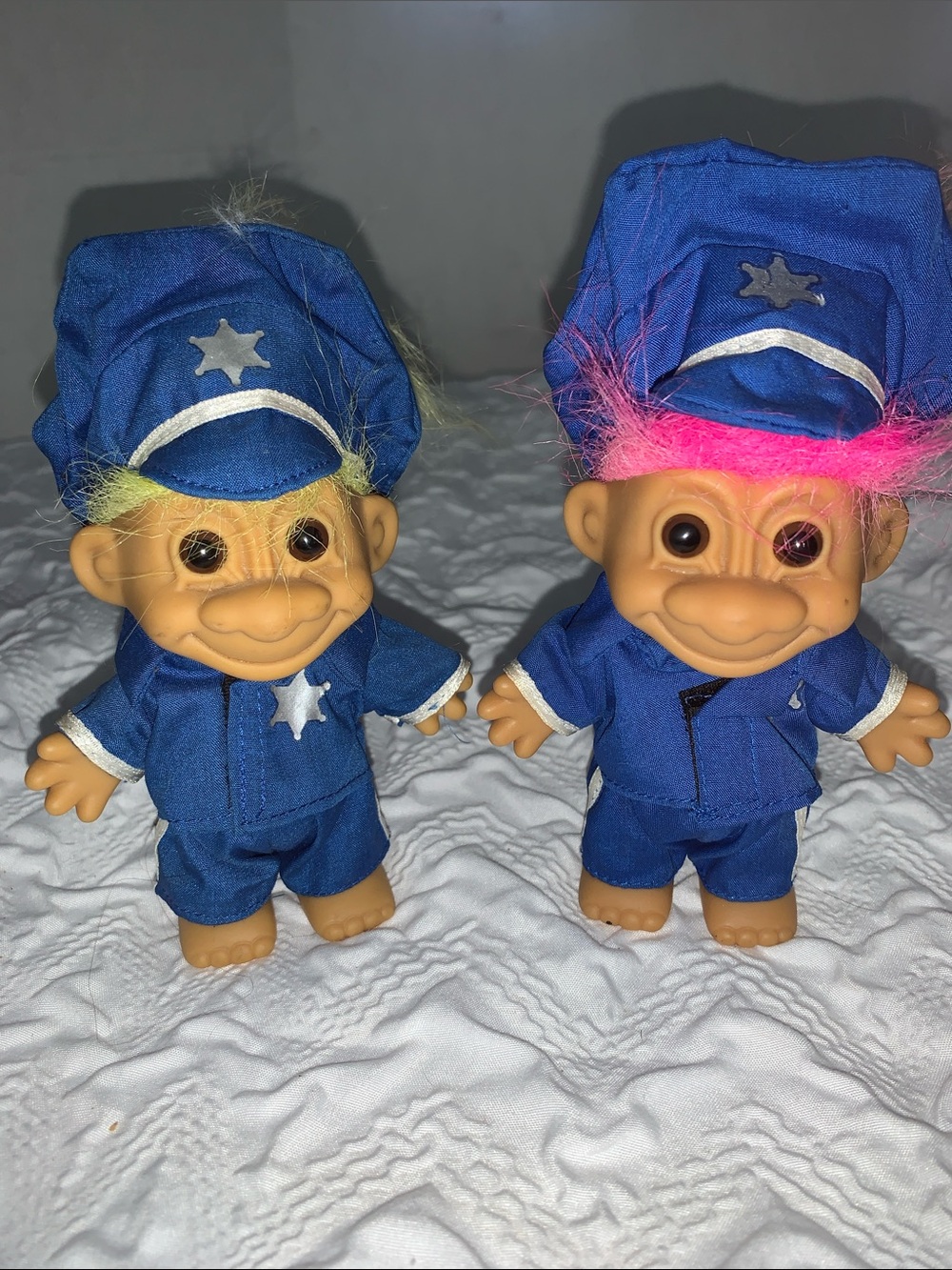 Vintage Russ Troll Doll Policeman Police Officer Cop Yellow Pink Hair Lot Of 2